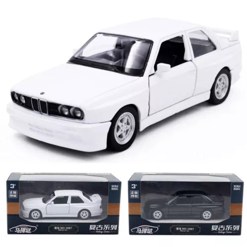 White diecast toy car model with open door, front 3/4 view