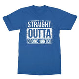 Blue unisex t-shirt with distressed Straight Outta Drone Hunter graphic front