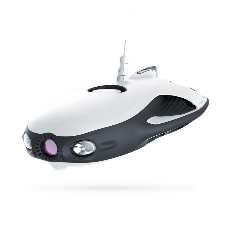 White and black underwater ROV drone with front camera lens, LED light, and antenna mast