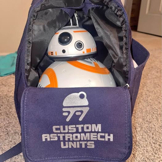Blue custom carrying bag with strap, holding a white-and-orange droid drone