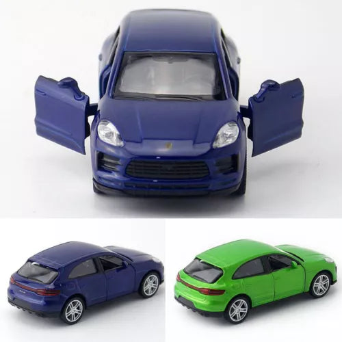 Diecast SUV model toy car, blue with side views in blue and green; open doors