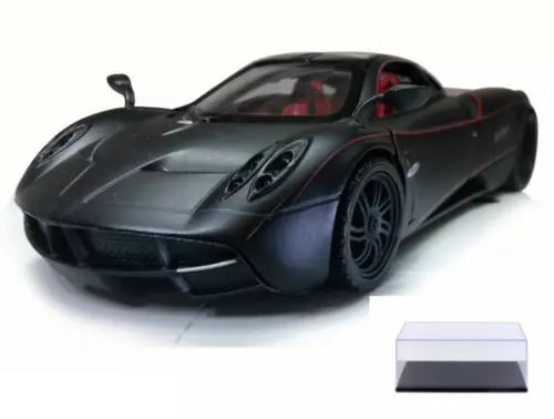 Dark diecast sports car model with detailed wheels and front bumper