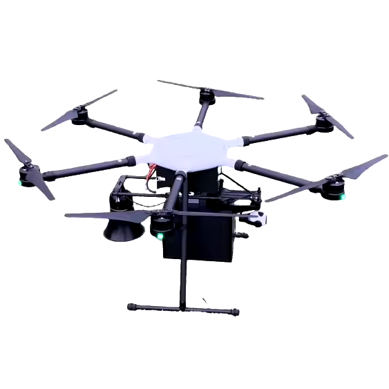 Agricultural multirotor sprayer drone with four propellers and spray tank, white and black