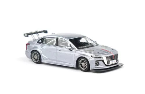 Diecast racing model car, silver sedan with front grille and headlights