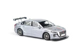 Diecast racing model car, silver sedan with front grille and headlights