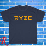Unisex black T-shirt with orange RYZE logo on the chest