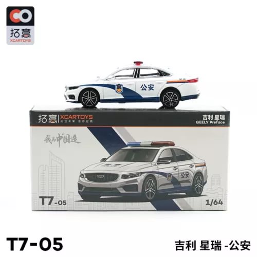1:64 police diecast model car in box, white and blue livery, wheels visible