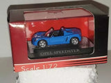 1:72 scale diecast car in display case, blue Opel Speedster with open seats