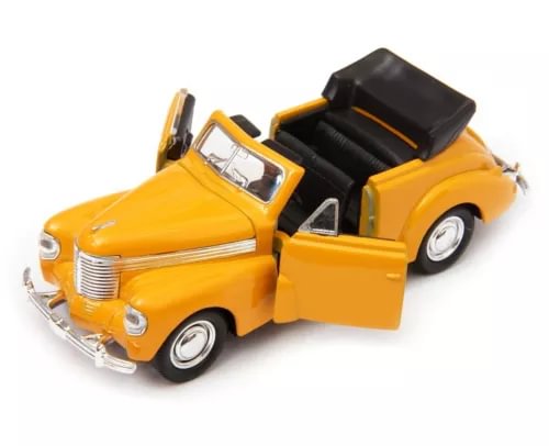 Yellow vintage diecast cabriolet car model with black open-top interior, 1:34 scale