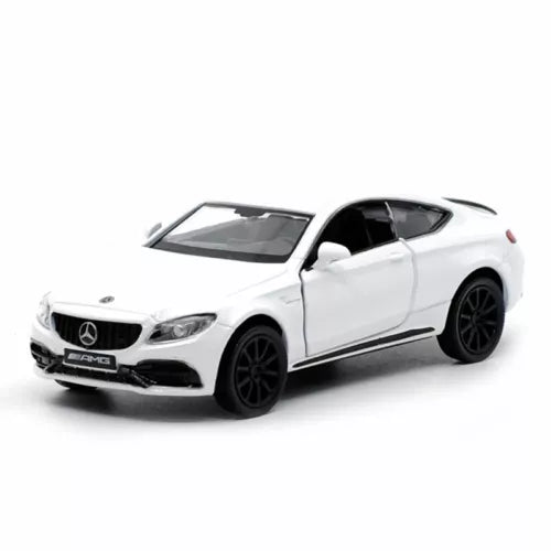 1:36 white AMG coupe diecast model car with alloy detailing, front 3/4 view