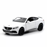 1:36 white AMG coupe diecast model car with alloy detailing, front 3/4 view