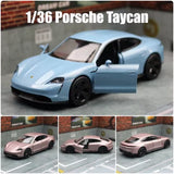 1/36 diecast toy car model, light blue Porsche Taycan with openable doors