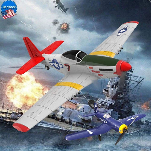 RC fighter airplane drone toy, white with red wings and blue propeller tips