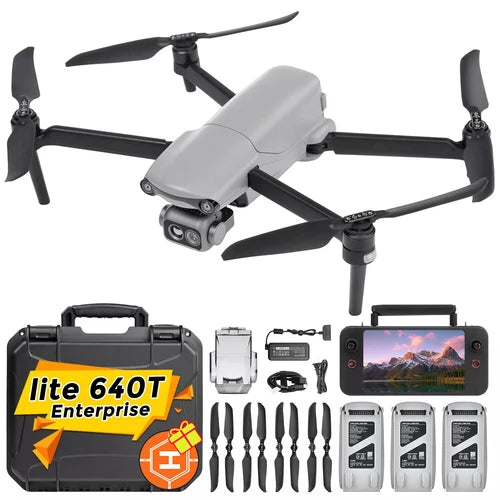 Thermal drone bundle with white quadcopter, propellers, controller and multiple batteries