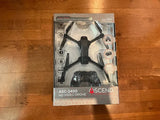 Video drone in retail box with quadcopter design and HD camera label