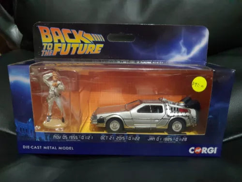 DeLorean die-cast toy car with Doc figure in retail blister packaging