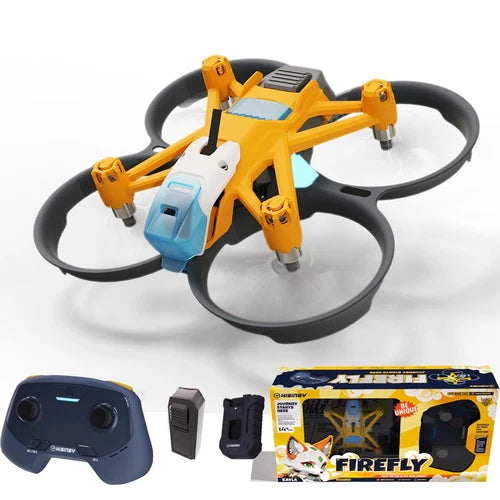 Yellow mini quadcopter drone with four rotors, controller, and retail box