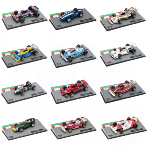 F1 1:43 diecast race car set showing multiple team car models on display bases