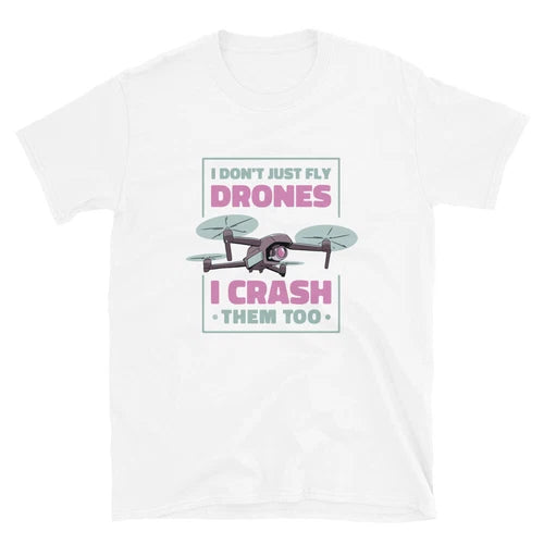 White T-shirt with colorful drone crash slogan print on the front