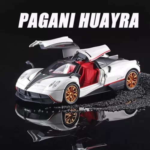 Pagani Huayra diecast model car with lights and sound, white gray with gold wheels
