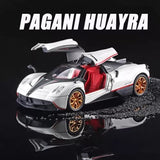 Pagani Huayra diecast model car with lights and sound, white gray with gold wheels