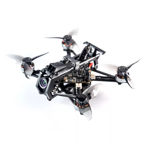 Compact black FPV racing drone with four propellers and front camera