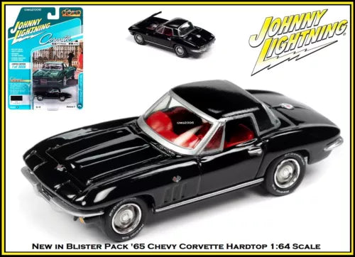 Black 1965 Chevy Corvette hardtop diecast car, front 3/4 view, 1:64 scale