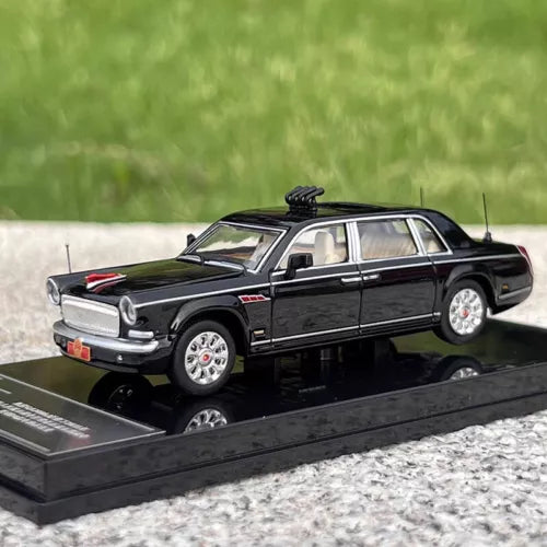 Diecast model car of Hongqi CA7600J, black sedan with chrome details on base