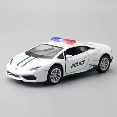 White die-cast police car model with green stripe graphics and light bar on roof