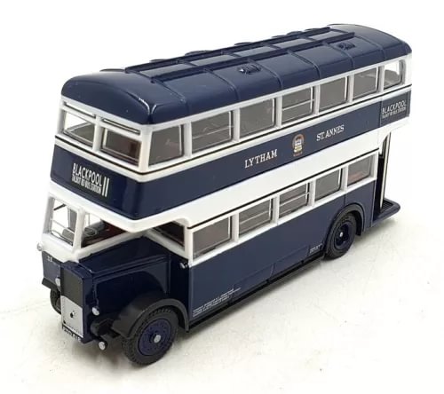 1/76 scale dark blue and white diecast utility bus model with open windows and front grille