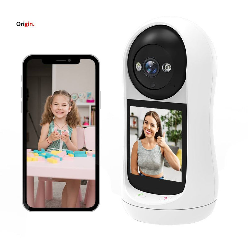White baby monitor with screen and PTZ-style camera lens on top, shows video