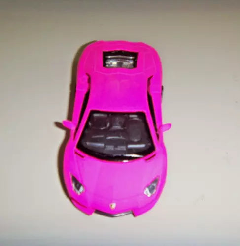 Hot pink diecast toy car: Lamborghini Aventador LP700-4, front, 1:38 scale.