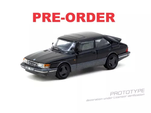 Black Saab 900 Turbo 1/64 diecast model car, front 3/4 view