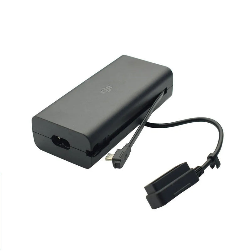 Drone battery charger with AC power cable and plug, black and gray