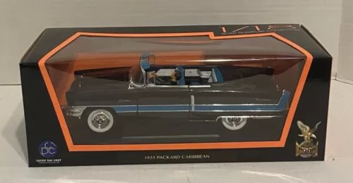 Diecast model car in clear box with orange trim, dark blue body, white wheels