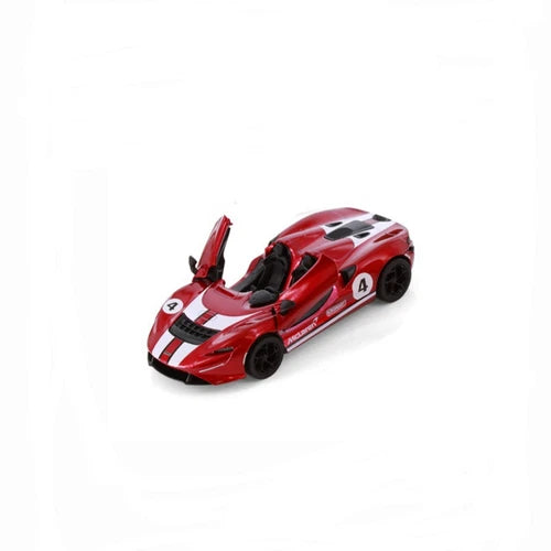 Red diecast race car toy, 1:36 scale, with black and white decals and rear wing