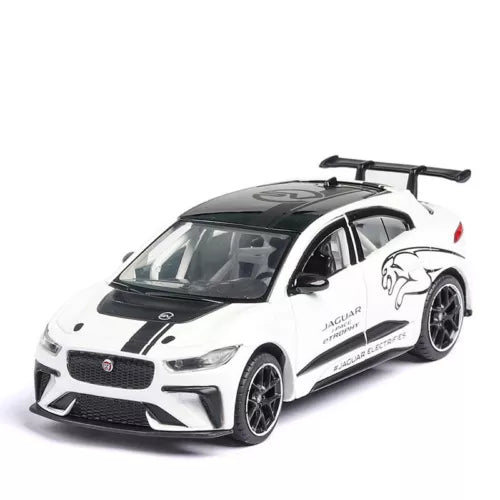 White Jaguar I-Pace diecast model car with alloy wheels, front 3/4 view