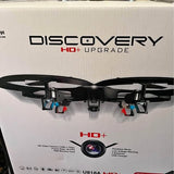 Quadcopter drone box showing underside with four propellers and HD+ upgrade