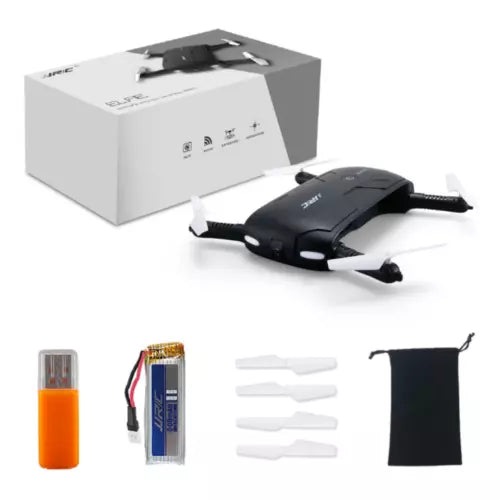 Foldable mini selfie drone kit: black drone, battery, spare propellers, pouch