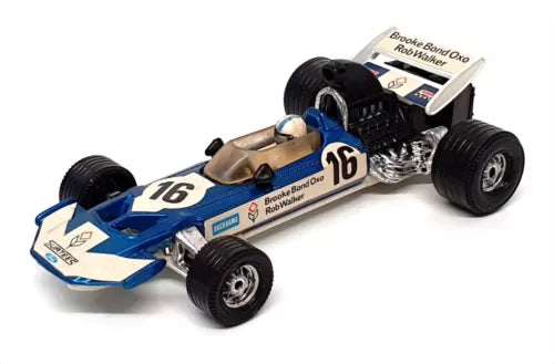 Blue and white 1:36 scale diecast racing car toy, number 16 on the body