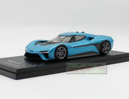 Blue electric supercar diecast model with black spoiler and wheels on display base
