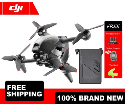 FPV drone with attached camera, grey quadcopter and four propellers