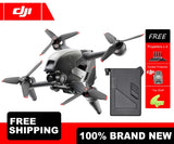 FPV drone with attached camera, grey quadcopter and four propellers