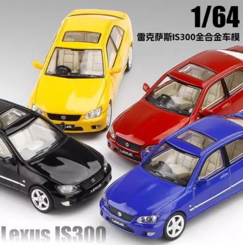 1:64 diecast Lexus IS300 model cars in yellow, red, blue, and black