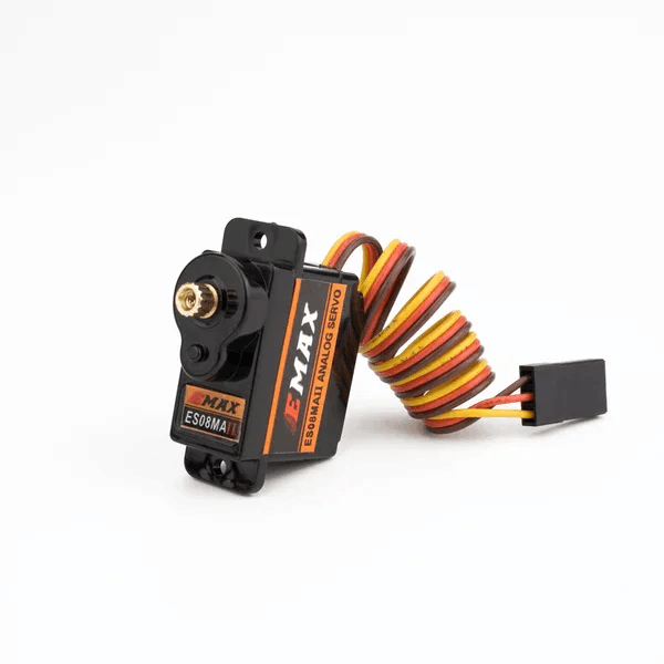 Mini analog RC servo with metal gear housing and PWM signal connector, multicolor wires