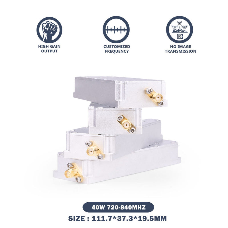 Anti-drone jamming module, white box with gold RF connectors, 40W 720-840MHz