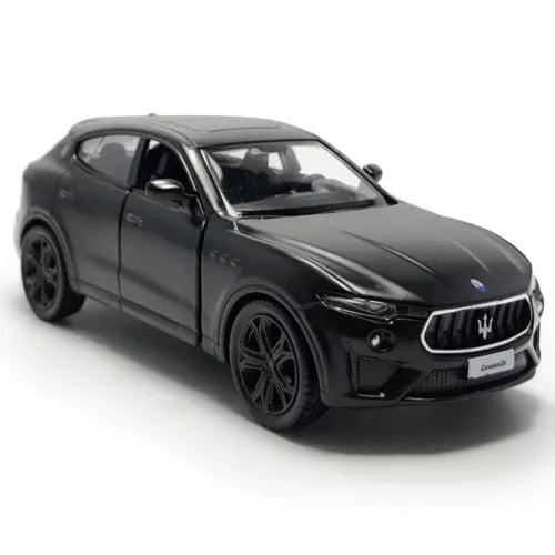 Diecast model car of a Maserati Levante GTS, dark gray/black, detailed front