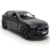 Diecast model car of a Maserati Levante GTS, dark gray/black, detailed front