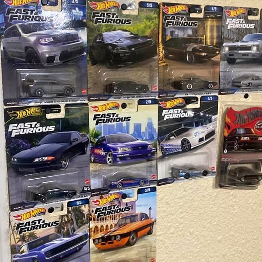 Fast & Furious diecast toy cars in blister packaging, assorted colors