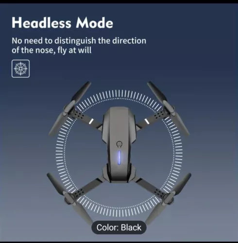 Black foldable quadcopter drone, front view with four propellers and LED.